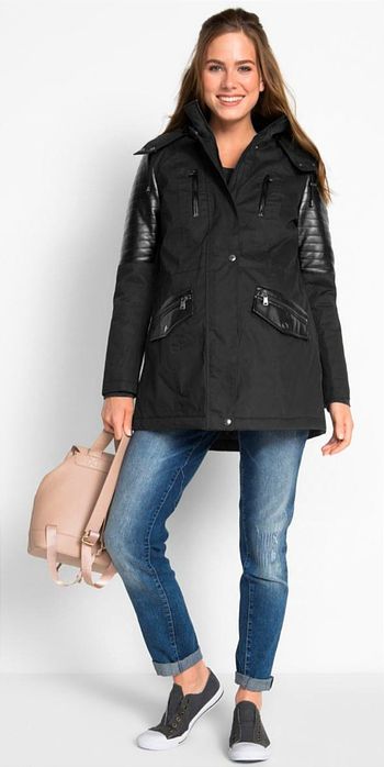 NOWA kurtka/parka r.48- czarna, wstawki ze sztucznej skóry