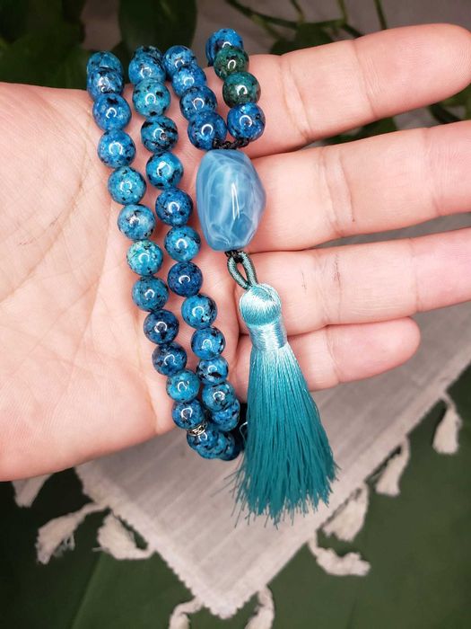 Japamala de Apatita Azul e Tassel de Seda - 108 Contas (Foco e Intuição)