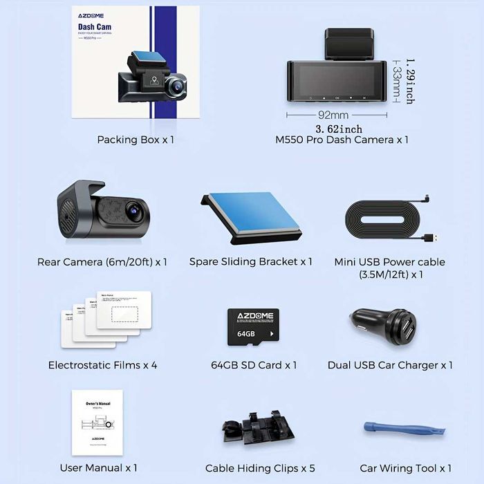 Відеореєстратор 4К AZDOME M550 Pro Wi-Fi + задня камера + 64Gb карта