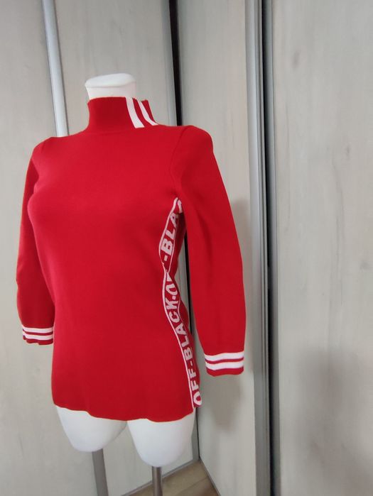 Sweter damski, czerwony, białe wstawki