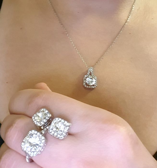 Srebrny Komplet Zestaw Biżuterii Diament Kolczyki Naszyjnik Pierścione