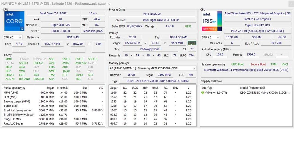 Laptop DELL Latitude 5520, Intel i7, 32 RAM, dysk SSD 512, Office 2019
