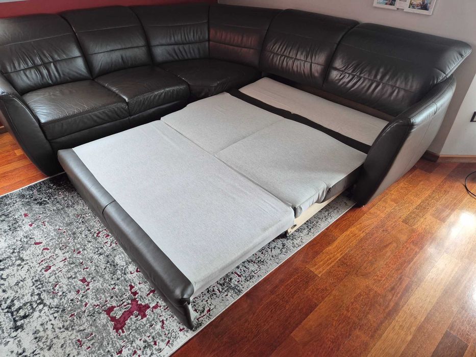 Kanapa narożna skórzana 245x268 rozkładana, fotel i pufa gratis!