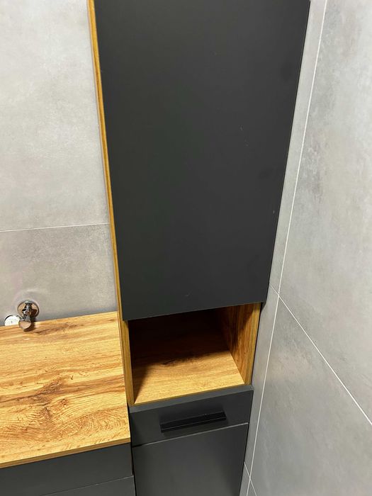 Meble łazienkowe 90cm NOWE - słupek, szafka, lustro - loft Wotan szary