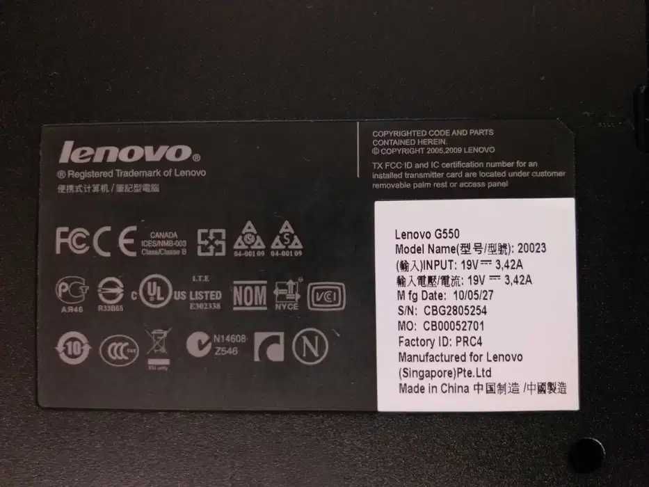 Ноутбук Lenovo G550 8GB T9300 Windows 10 Pro