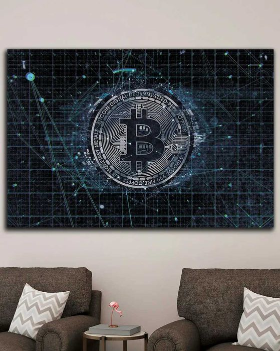 Картина в офіс - Bitcoin Blue Glitch - 60х90 см