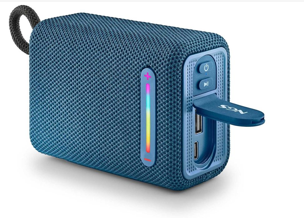 NGS Roller Furia 1 Blue - Altifalante portátil compatível com tecnologia Bluetooth, luzes RGB, impermeabilidade IPX6, 15 W, True Wireless, USB