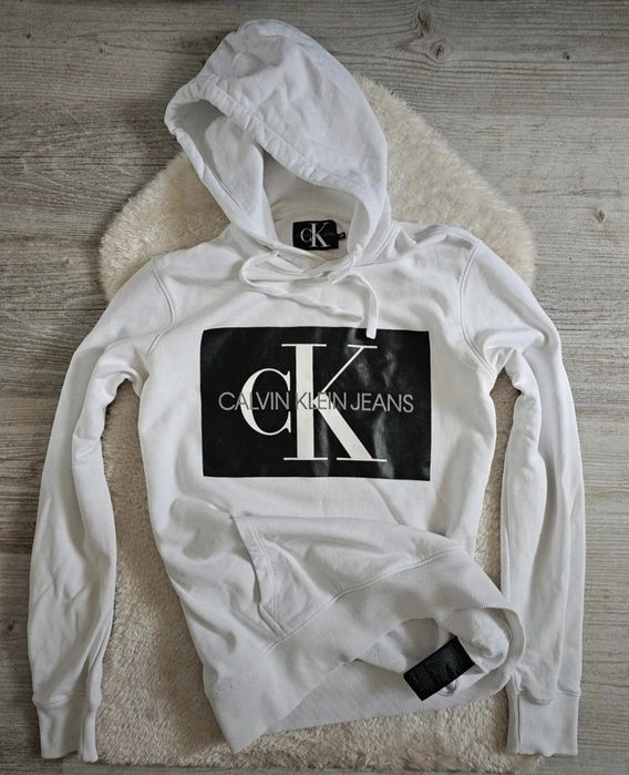 Bluza Calvin Klein Jeans CK Biała z Kapturem Rozmiar XS a S