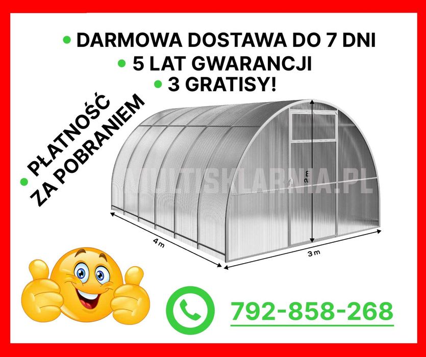 Szklarnia z poliwęglanu, Mocna, 3x4,3x6,3x8itd, PREZENTY gwarancja