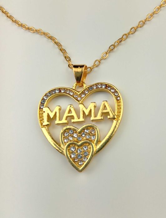 Nowy złoty naszyjnik zawieszką w kształcie serca i cyrkoniami MAMA
