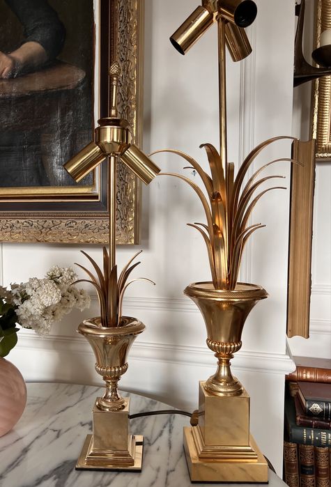 Maison Charles Boulanger Jansen Hollywood Regency 1970 vintage lampa palma ananas mosiężna mosiądz mosiądzu Francja Belgia unikat poszukiwana