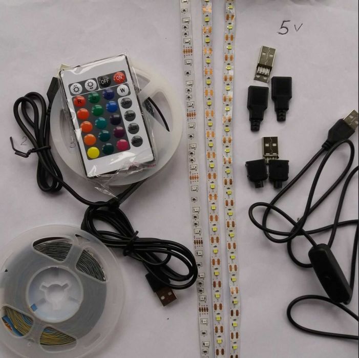Светодиодная LED лента 5в Usb  3мм 12В 24В желтая, RGB (цветная) пульт джвух цветная