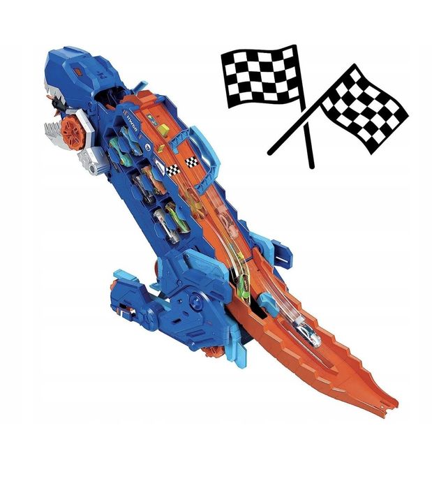 HOT WHEELS T-REX MEGA Trandporter dinozaur 2w1 Tory Wyścigowe  + autka