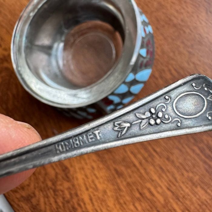 Solniczka Srebrzona emalia z łyżeczką Biomet PRL