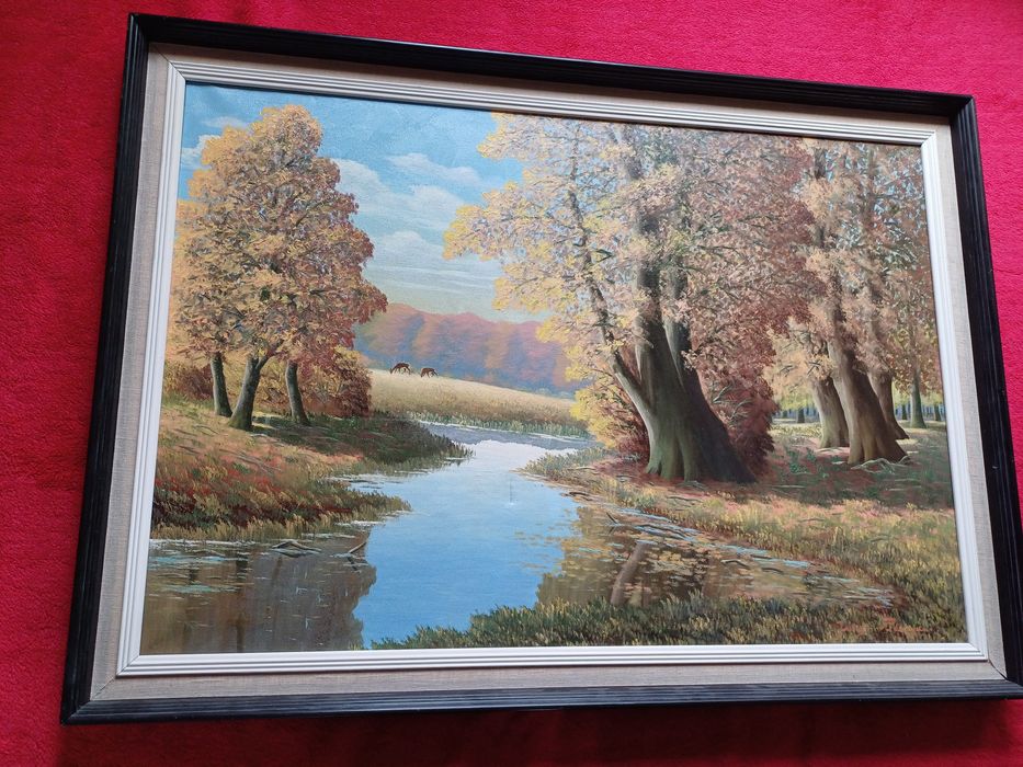 Stary obraz na płótnie sygnowany sarny