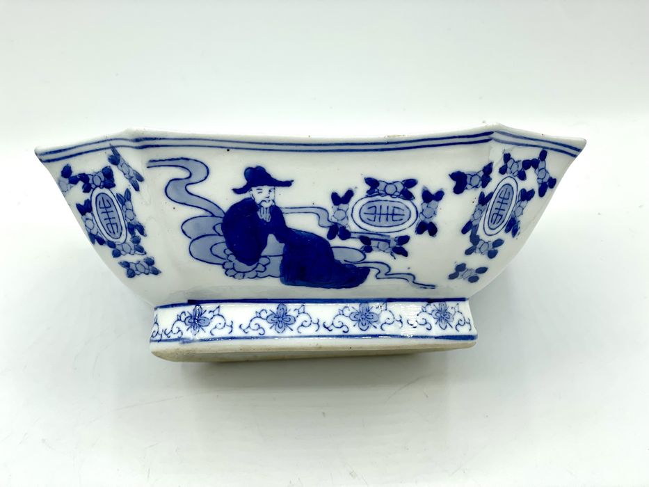 Tigela Octogonal Azul e Branca Chinesa Antiga seculo 19