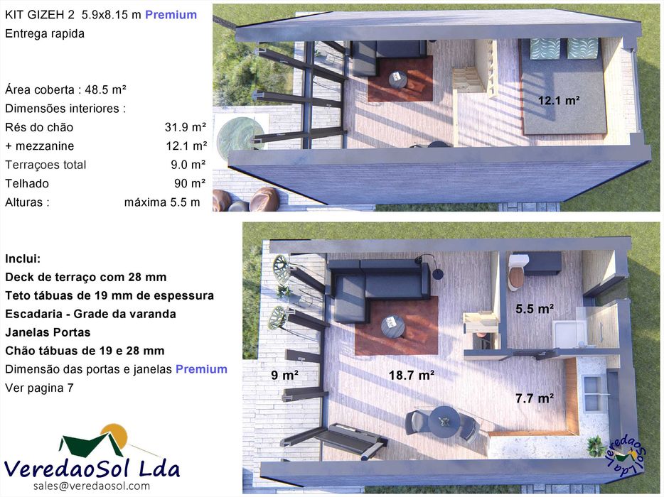 Casa Madeira GIZEH 2 - 44m² c. mezzanine - Préfab. - Preço imbatível