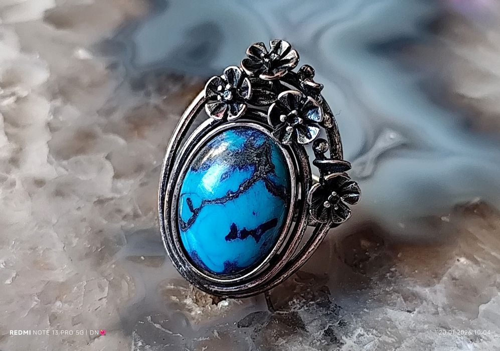 Srebrny pierścionek kamień naturalny kwiaty