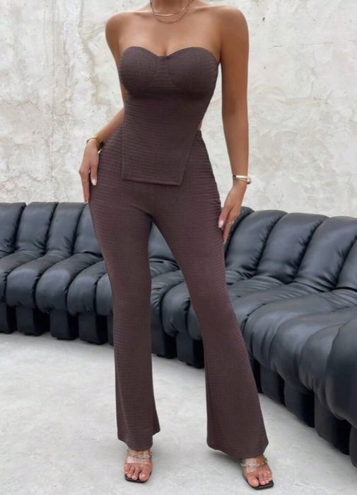 Brązowy nowy komplet top + spodnie M