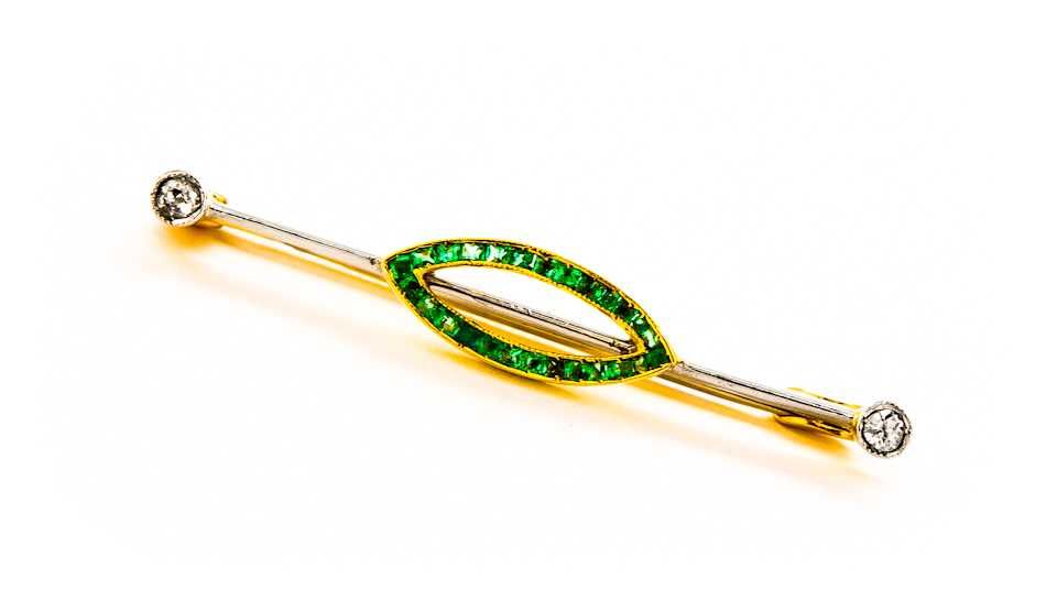 Francuska Złota Broszka do 1927 roku - ART DECO - 1,96g - DIAMENT SZMARAGD