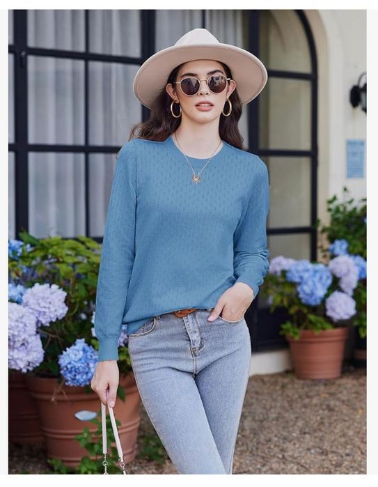 Elegancki sweter damski z okrągłym dekoltem, niebieski, rozm. S, ZEAGOO