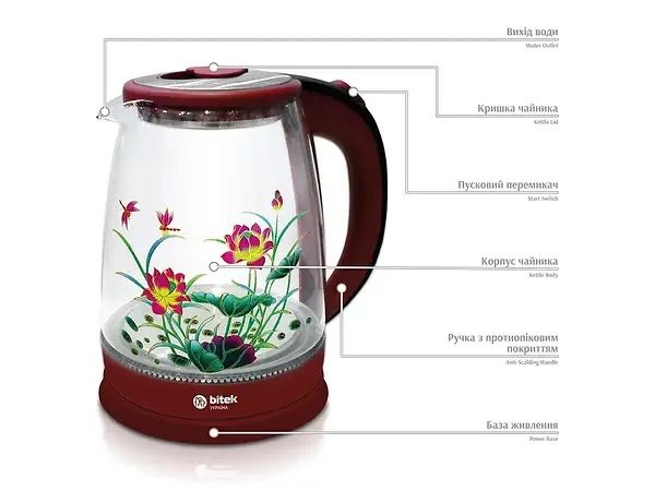 Чайник електричний склянный з квiтклю 1,8л  синє LED-підсвічування