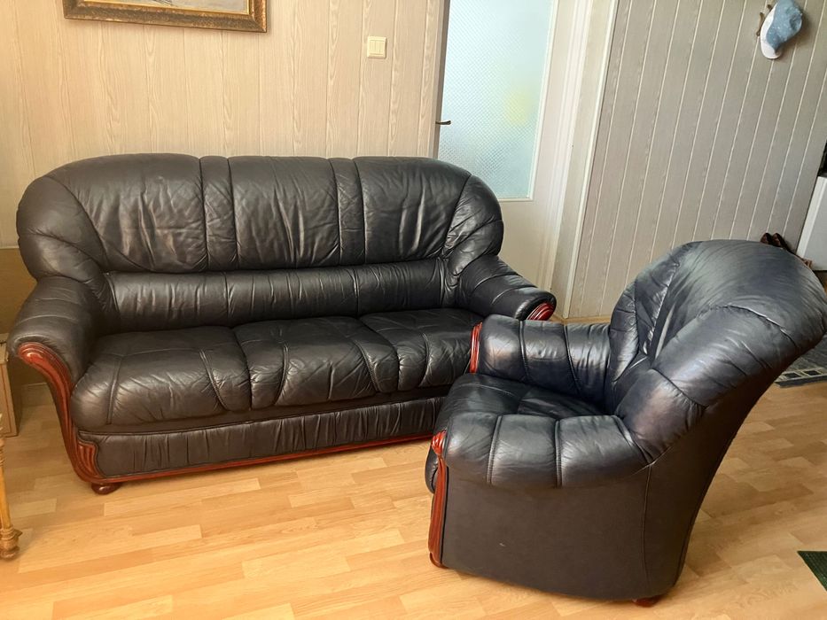 komplet sofa i fotel ze skory