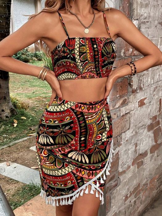 Komplet Letnia Boho Wzorzysty Top + Spódniczka Z Frędzlami Shein L 40