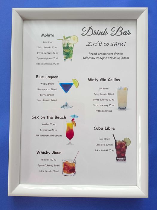 Karta A4 Drink Bar przepisy, menu, wesele, impreza, 18-nastka