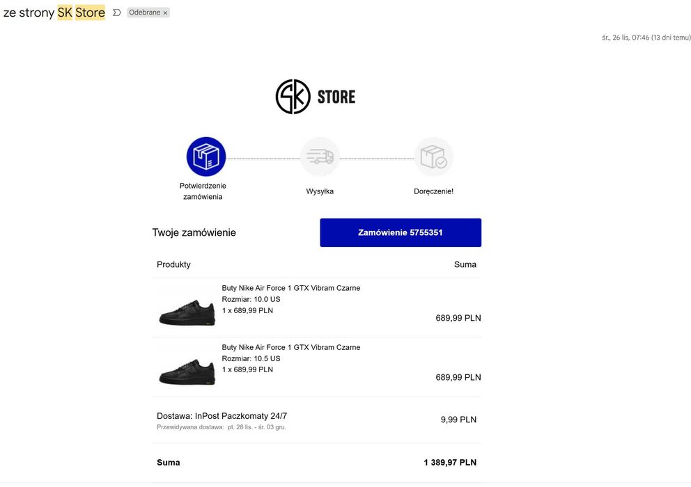 Nike Air Force 1 GORE-TEX (GTX) Vibram Czarne 44,5 - jak nowe!