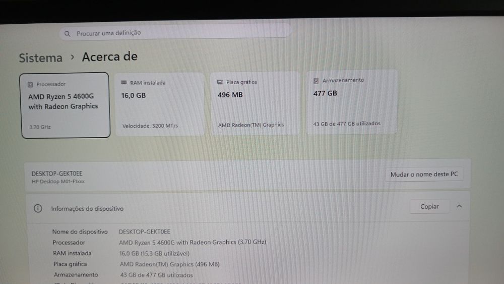 Torre HP ryzen 5 Vega ultima unidade.