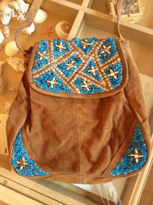 LANIDOR Suede Bag with Turquoise Blue Rhinestones