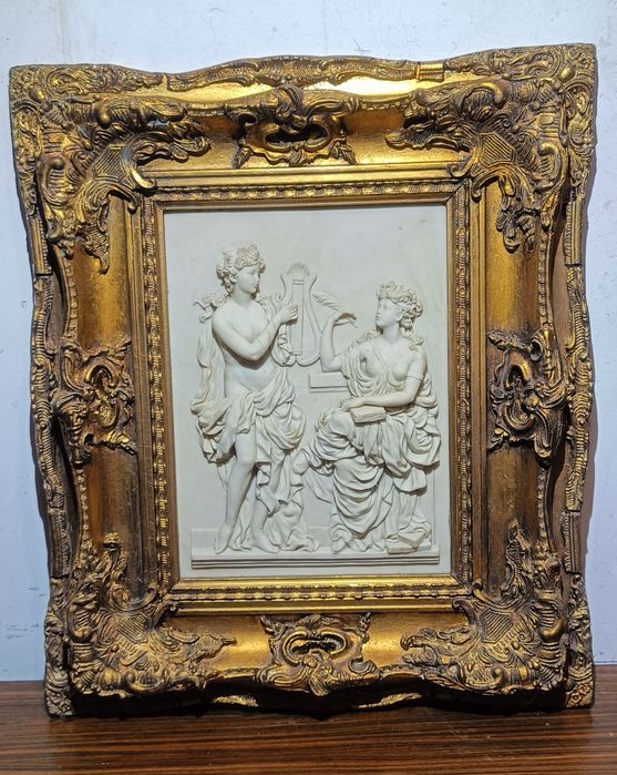 Antyczna Płaskorzeźba Obraz  Alabaster  Barokowa złocona Rama Unikat