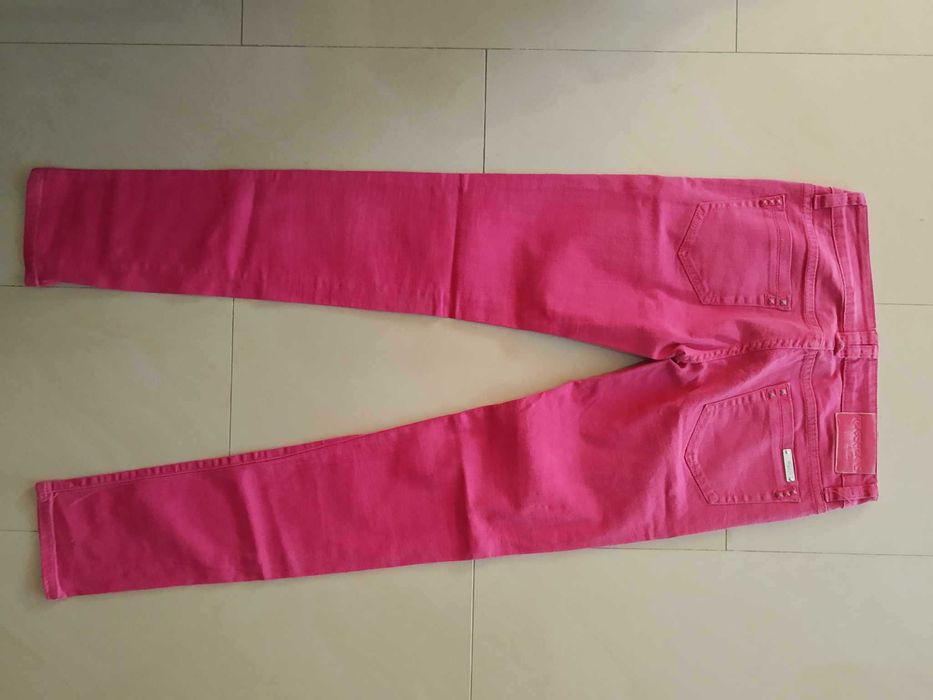 Różowe dżinsy spodnie damskie dopasowane biodrówki rurki L Reals Jeans