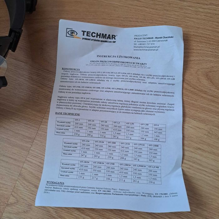 Osłony twarzy przeciwodpryskowa z pełną regulacją nagłowia OT-1