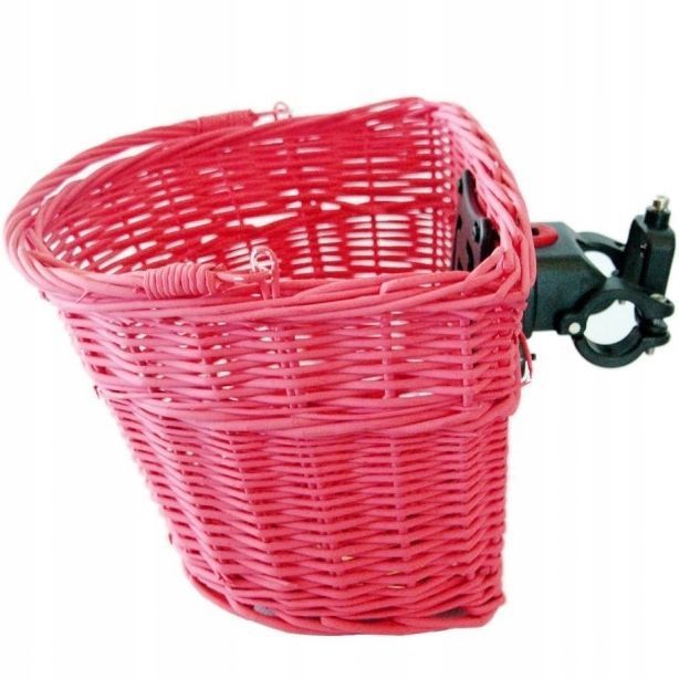 Kosz wiklinowy click rowerowy różowy przód koszyk zaczep wypinany