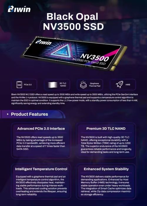 SSD, M.2 PCle Gen3x4  BIWIN Black Opal NV3500 NVMe, 512 гб,