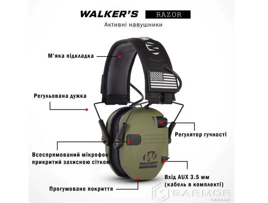 Активні навушники Walker's Razor Slim з кабелем та батарейками