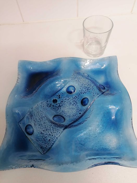 Travessa-cinzeiro em Vidro Artístico Azul Vintage, Estilo Murano
