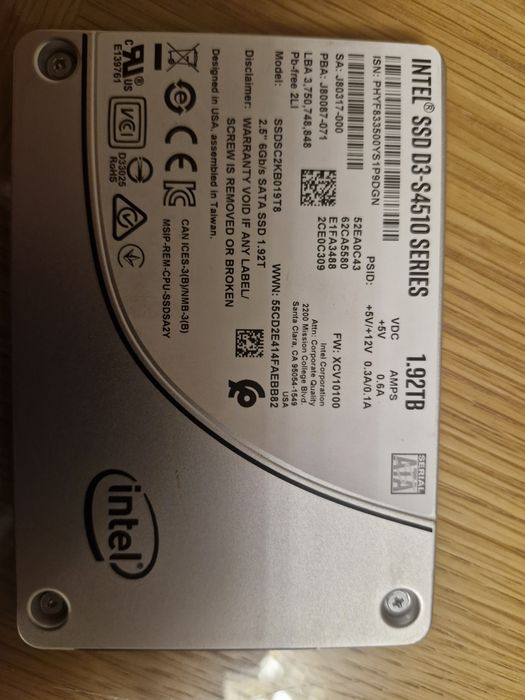 Dysk twardy SSD Intel 1.92TB w bardzo dobrym stanie sprzedam.