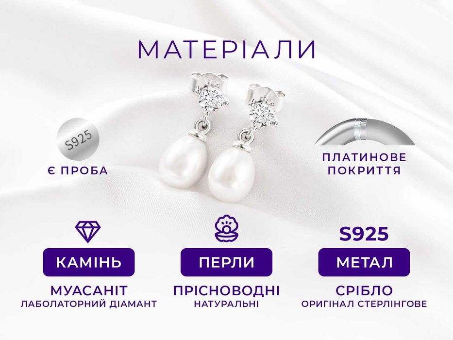 Сережки срібні з перлами, муасанітами та платиновим покриттям. Сертифікат на камені у комплекті. Пусети S925 (оригінальне срібло)