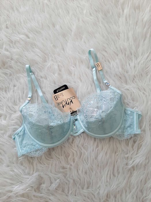 Piękny błekitny koronkowy stanik z cyrkoniami push up 75B