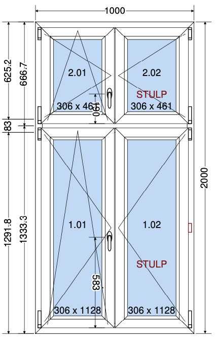 okno do kamienicy 1000x2000mm, 4-skrzydłowe RU+R ruchomy słupek