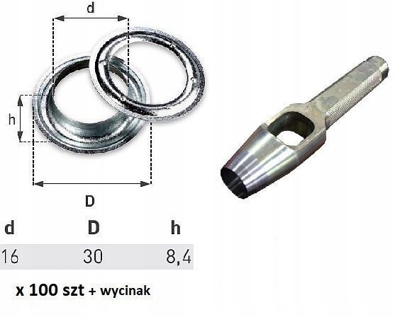 Oczka nierdzewne 100 szt do plandeki fi16 +wycinak