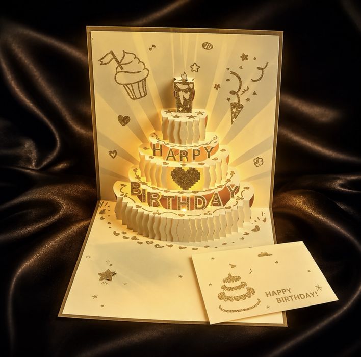 Музична вітальня «Happy Birthday» з об'ємним тортом усередині та підсвіткою, Золотий