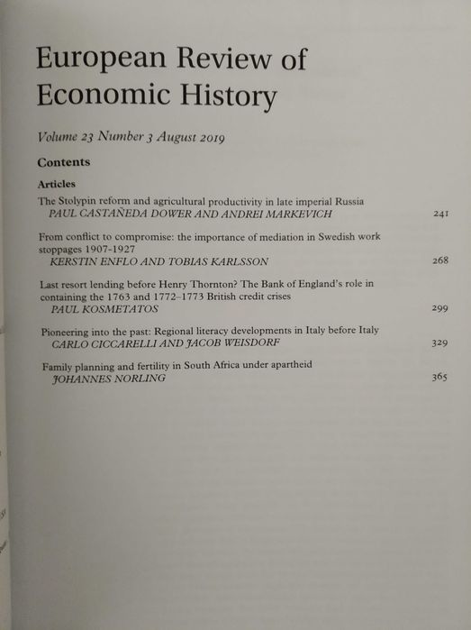 História Económica: European Review of Economic History, agosto 2019