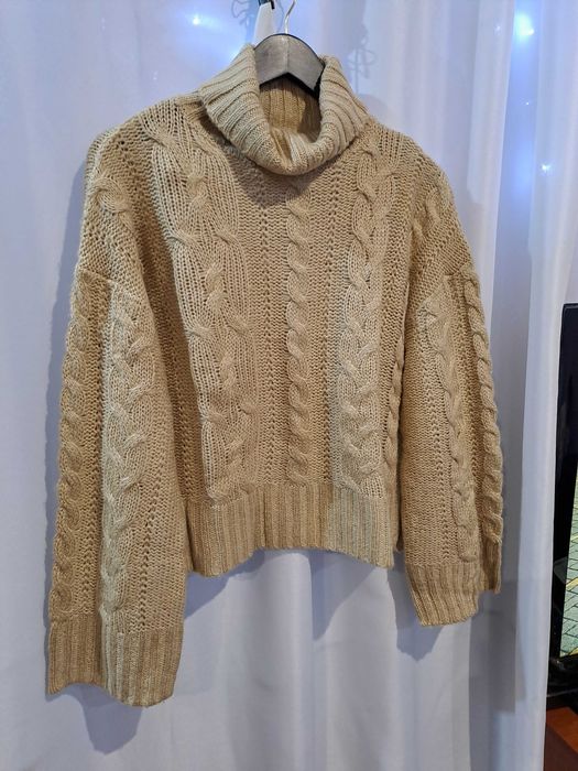 Cieplutki Beżowy Sweter Krótszy Oversize Warkocz Golf r.40/42