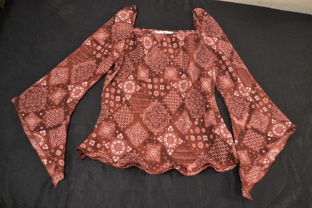 Bordowa bluzka boho vintage New Look rozszerzane rękawy indyjska 40 42