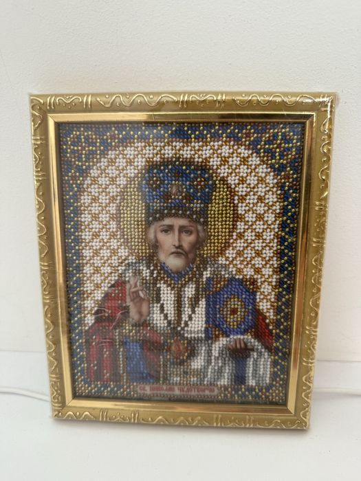 Ікона Святий Миколай Чудотворець, вишита бісером 16×19.5 см