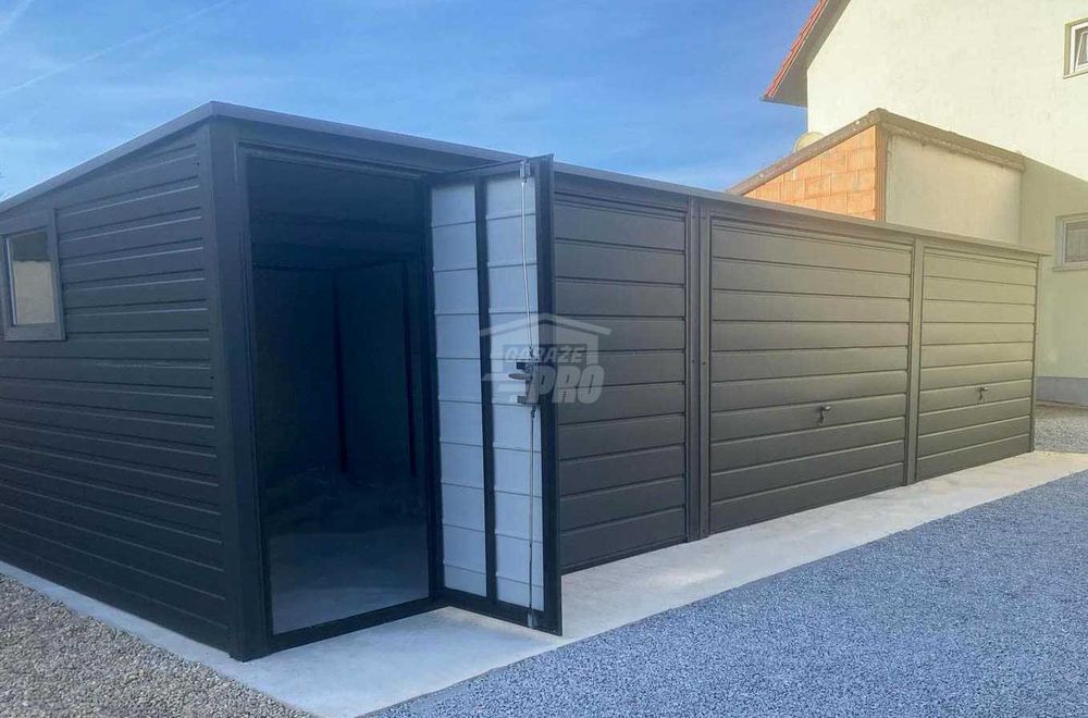 Garaż blaszany 9,5x5,5m 3x brama uchylna drzwi okno dach  GP600